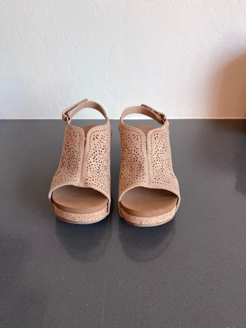 Tan Laser-Cut Peep Toe Cork Wedge Slingback Sandals